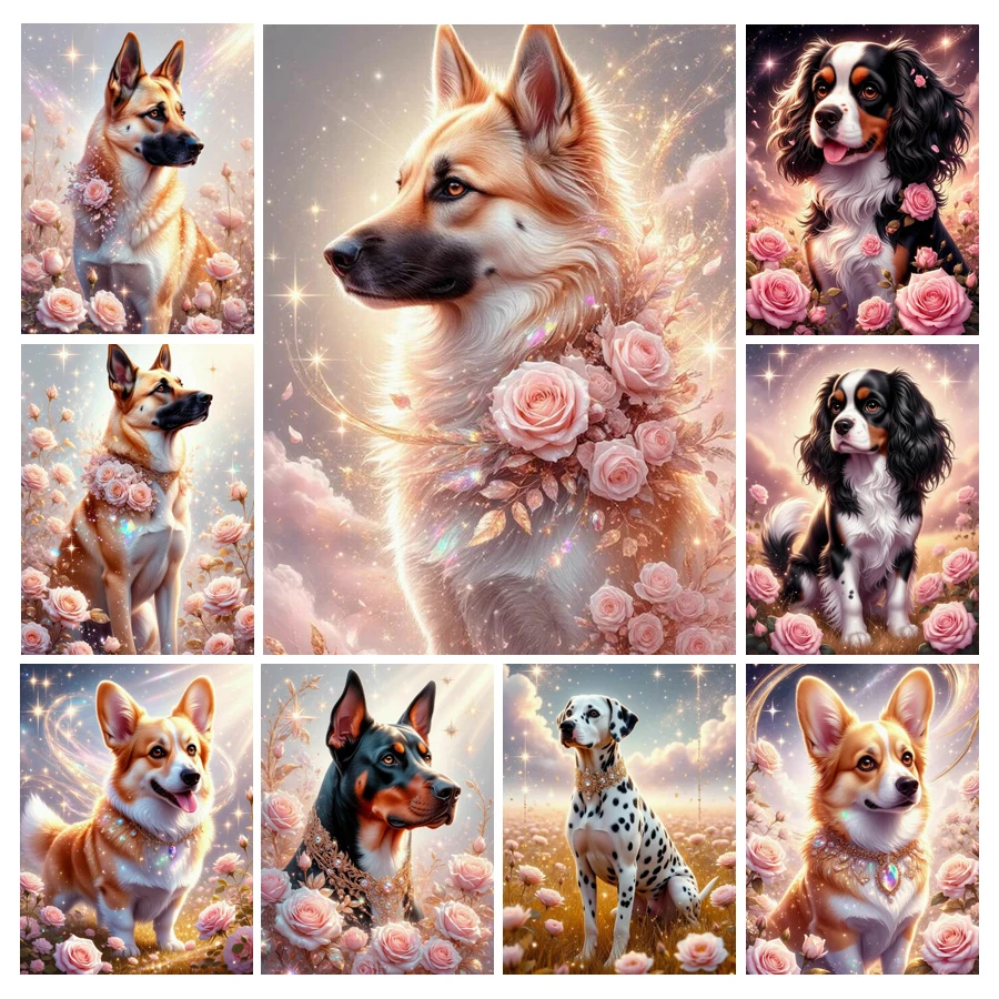 Embroidery Rose - Cute Dog and Flower Diamond Painting