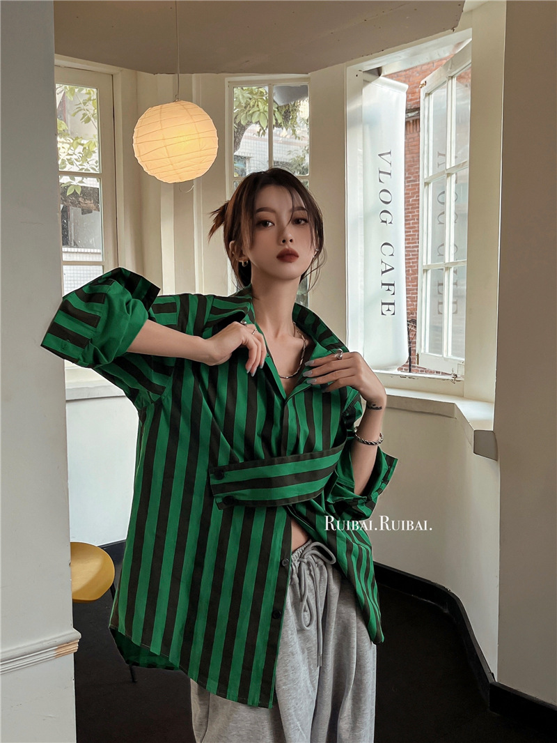 Korean striped shirt with asym - đánh giá và giá Embroidery Online