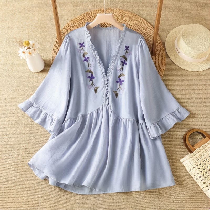 Elegant Purple Floral Embroide - đánh giá và giá Embroidery Cotton Shirt